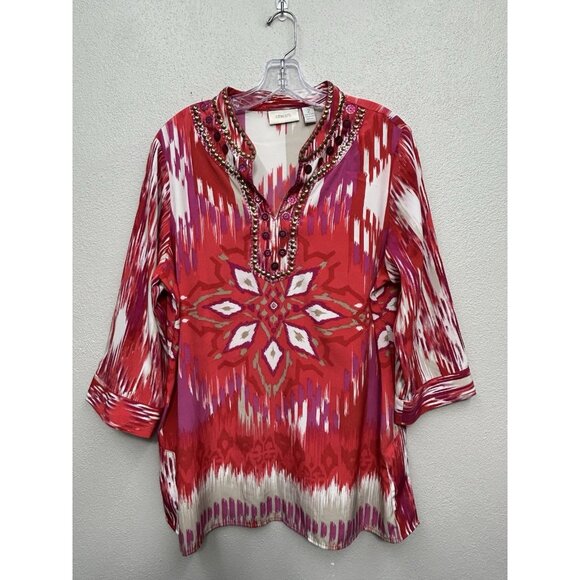 Chicos Top Size 2 US Large Watercolor Abstract Beaded Sequin V Neck Blouse Shirt - Picture 1 of 6
